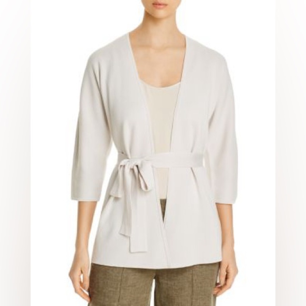 EILEEN FISHER Silk &‎ Organic Cotton Belted Cardigan Elegant Cream Open-Front